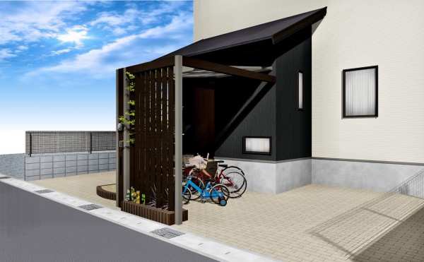 玄関ポーチは外構で 門柱と目隠しを兼ねたカッコいい自転車置き場